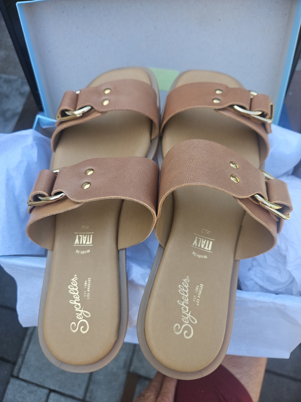 NEW IN BOX! Seychelles Cognac Buckle Slide Sandals